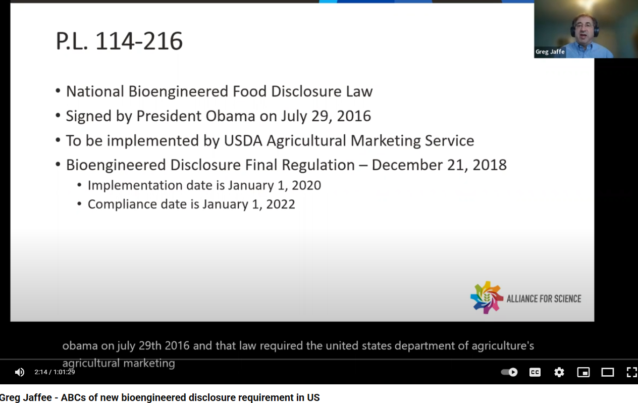 AfS Live- Greg Jaffee - ABCs of new bioengineered disclosure requirement in US