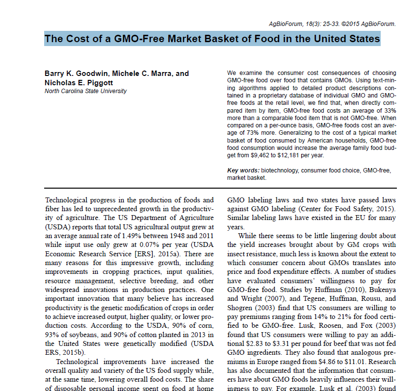 The Cost of a GMO-Free Market Basket of Food in the United States