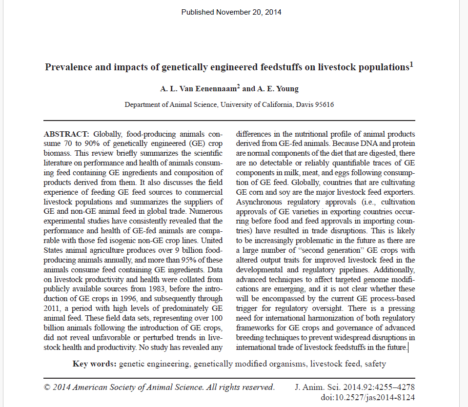 Prevalence and impacts of genetically engineered feedstuffs on livestock populations